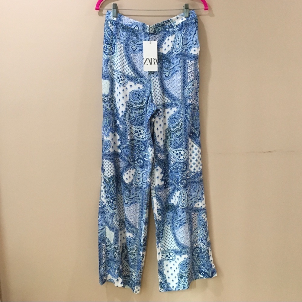 ZARA Paisley Printed Wide Leg Pants Rustic Blue White Boho SIZE M - Picture 7 of 7